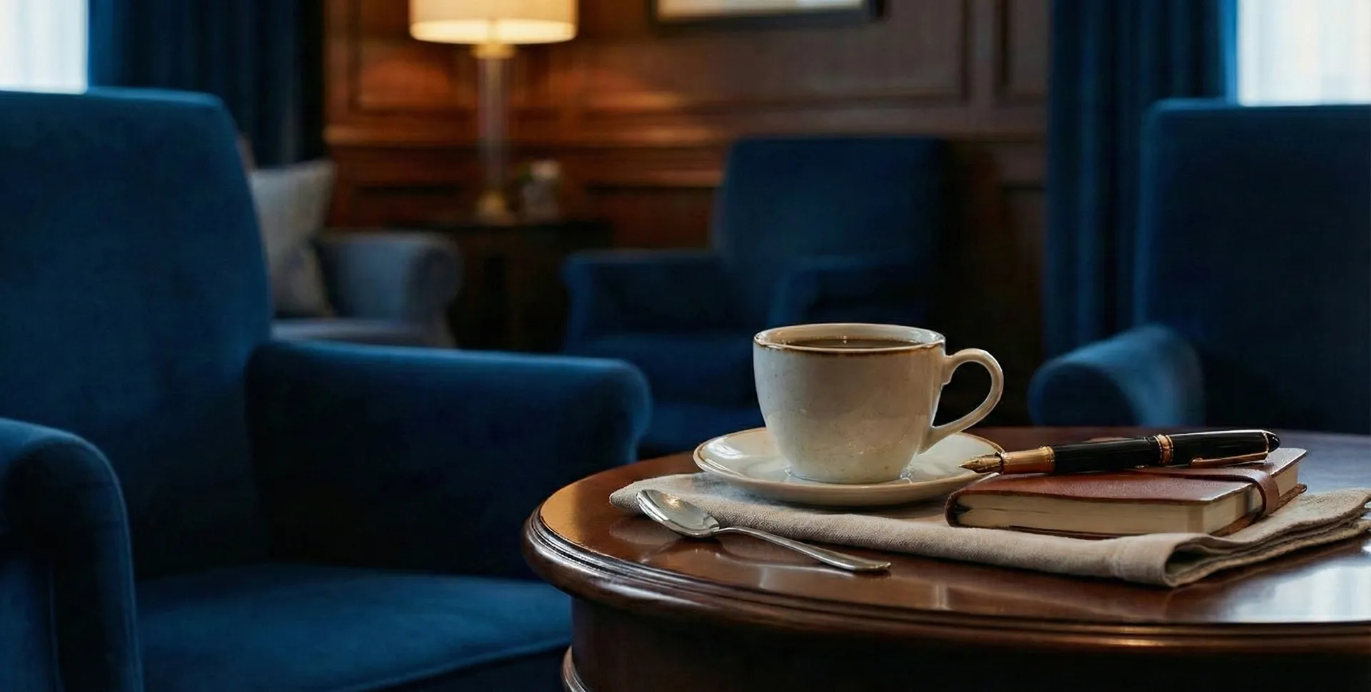 Elegant office setting with coffee and pen