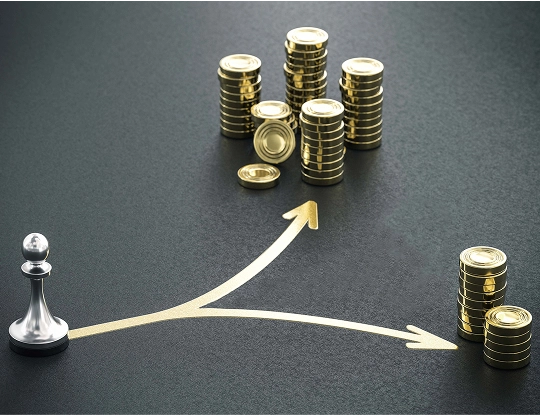 Stacks of gold coins with upward arrows showing growth trajectory, illustrating asset allocation strategy for small and mid-cap investments