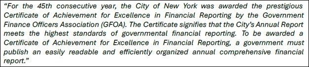 Blockquote from the NYC Comptroller stating that New York City received the Government Finance Officers Association Certificate of Achievement for Excellence in Financial Reporting for the 45th consecutive year, recognizing the City's Annual Report as meeting the highest standards of governmental financial reporting.