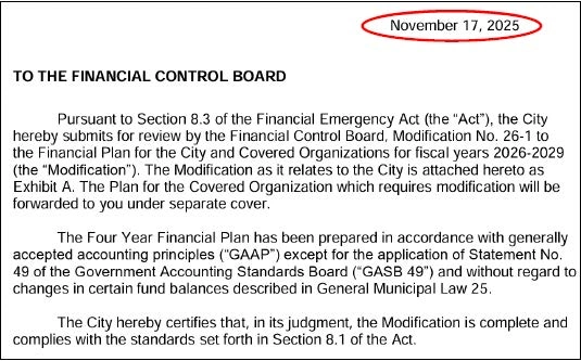 Letter dated November 17, 2025 from New York City to the Financial Control Board, submitting Modification No. 26-1 to the Financial Plan for fiscal years 2026-2029, prepared in accordance with generally accepted accounting principles (GAAP).