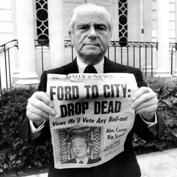 NYC Mayor Abe Beame holds up the New York Daily News front page bearing the headline 'Ford to City: Drop Dead' while standing in front of Gracie Mansion, October 29, 1975.